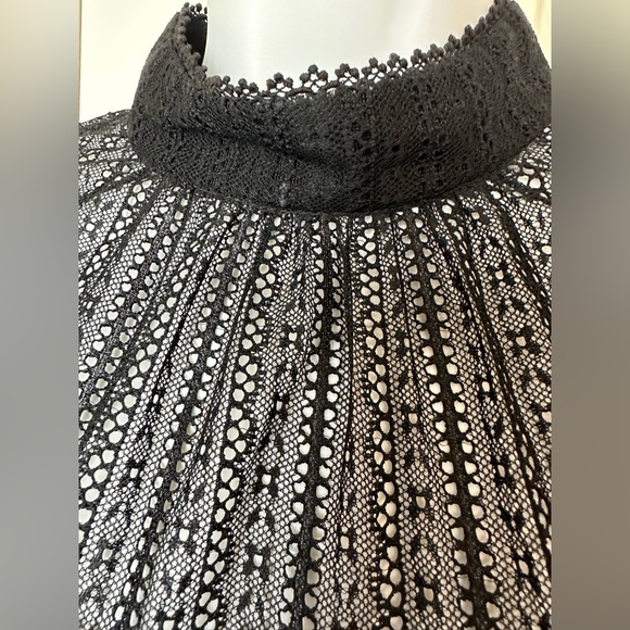 TRINA TURK Cicero Mock Neck Black Noir Lace Blouse Top Shirt Semi Sheer Ruffle - Picture 14 of 15